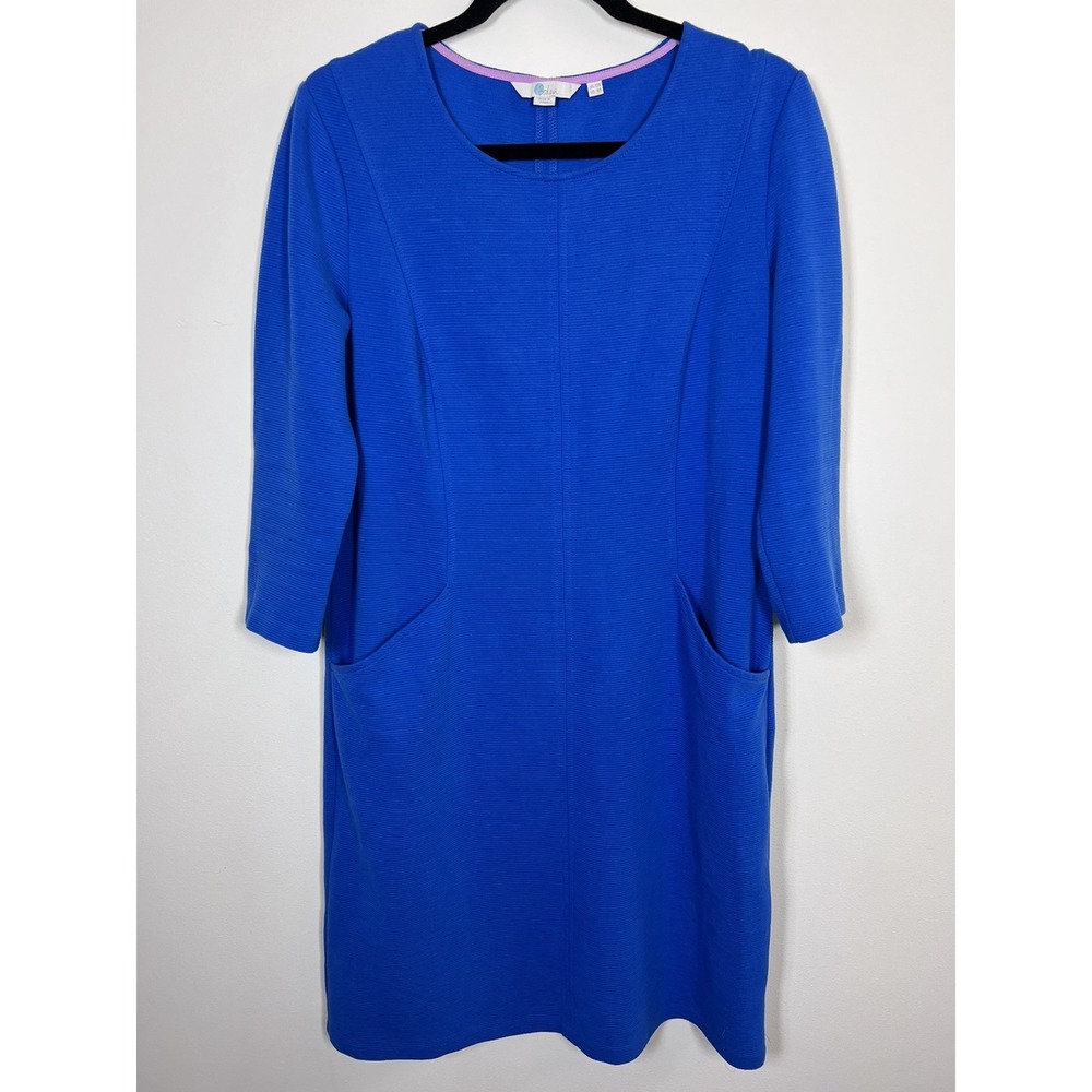 Boden Womens 8P Blue Ribbed Knit Shift Dress Pockets 3/4 Sleeve Cotton Blend
